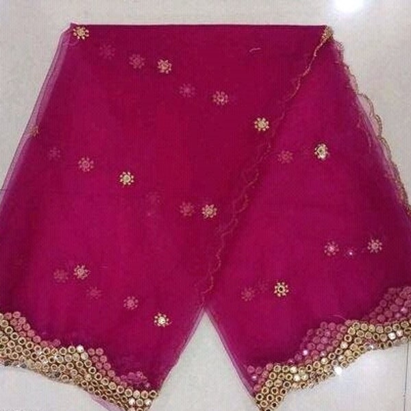 Pink bridal party wear Dupatta ,mirror embroidered heavy party and wedding wear Indian/Pakistani Dupatta ,free shipping,colorful net dupatta