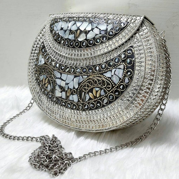 Mosaic Handmade Metal Clutch Evening Bag Handcrafted Stone handbag Made in India Multi Mosaic Party Box  Antique Vintages Clutch