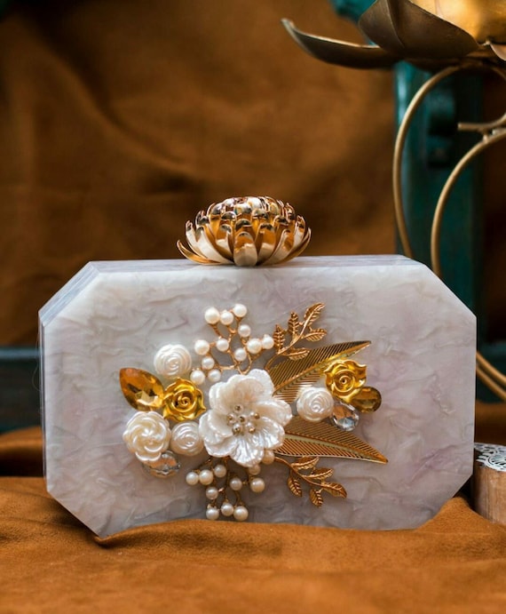 Handicraft flower decoration dark golden Color Resin Clutch Purse Box Clutch  Bag | eBay