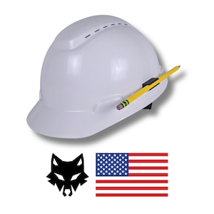 May include: A white hard hat with a pencil holder and a yellow pencil. The image also includes a black wolf logo and the American flag. This safety helmet is designed for construction and industrial use.