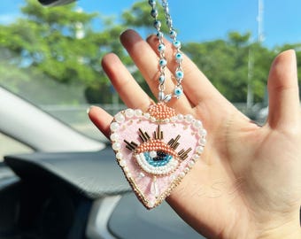 Pingente de carro com olho grego em forma de coração rosa: suporte para espelho retrovisor com miçangas