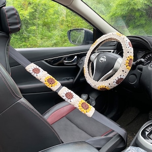 Crochet Steering Wheel Cover, cute Sunflower seat belt Cover, Handmade crochet Car interior Accessories decorations for Women