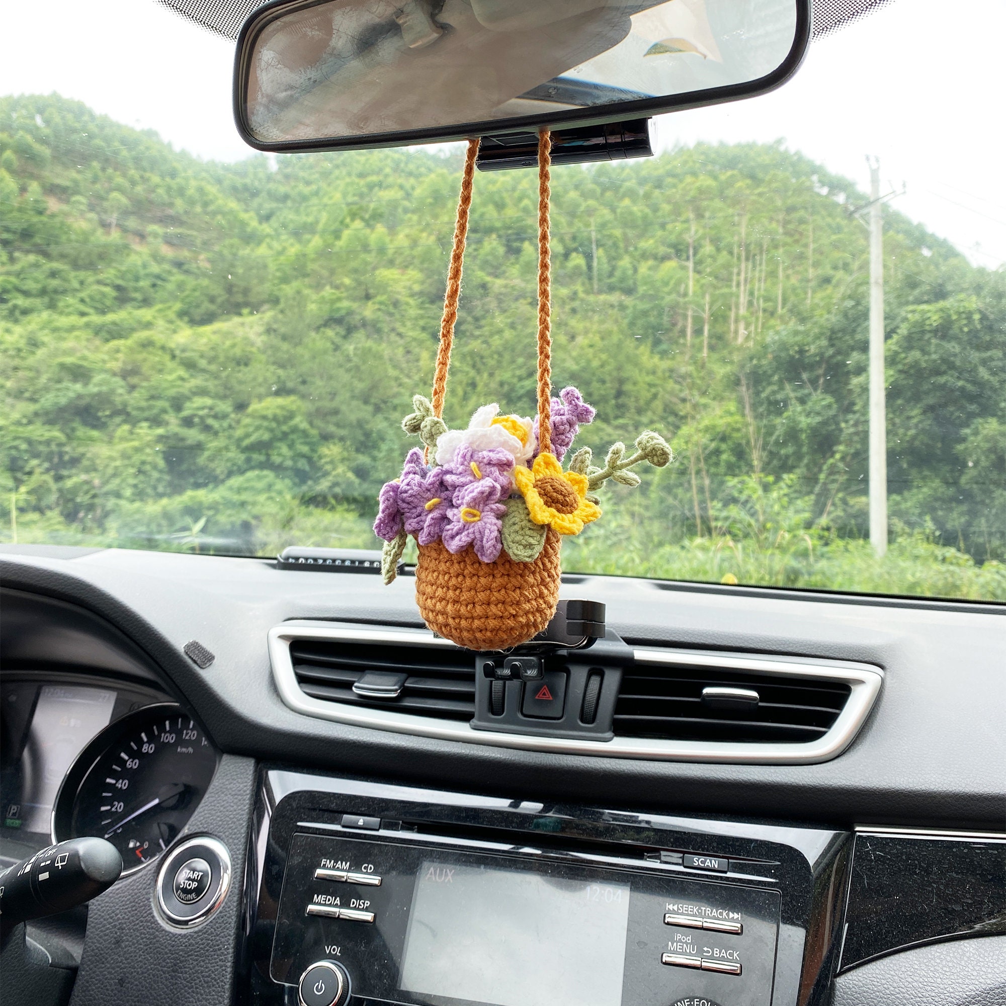 Home/Car Ornament Cute Red Rose Potted Plants Crochet Car Mirror Hanging  Deco