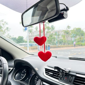 Heart Car Rear View Mirror Accessory, Crochet Red Heart Car Hanging, Car Accessory For Women