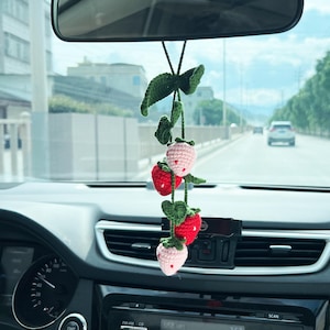Strawberries fruit car hanging, Crochet strawberries car hanging, Pink &red strawberries, car mirror hanging decoration, New car gift