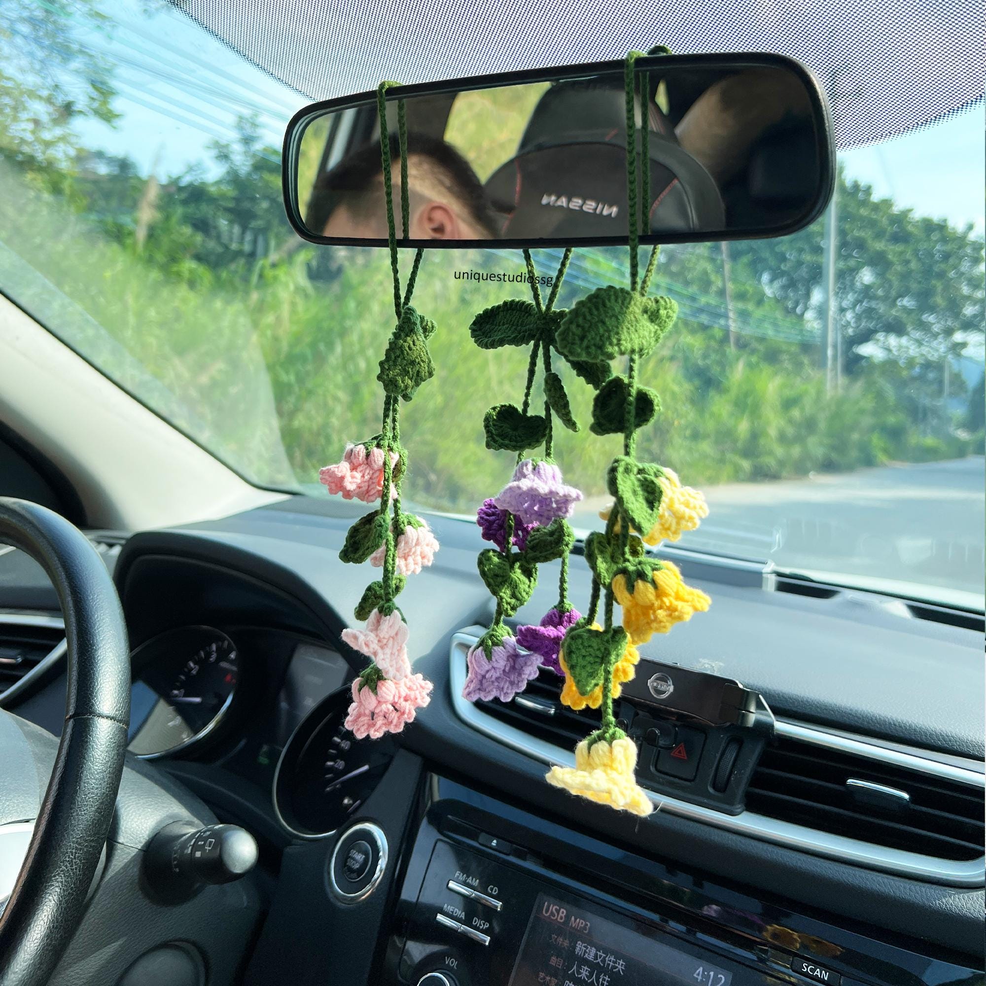 Crochet Lily of The Valley, Crochet Car Hanging,  Crochet Flower Plants Hanger, Car Accessories For Women, Car Decor, Cute Car Hanger