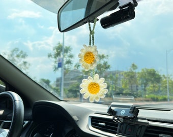 Crochet Daisy Car Hanging, Chamomile Flower Car Plants, Rear Mirror Ornament Accessories, Car Decor For Women