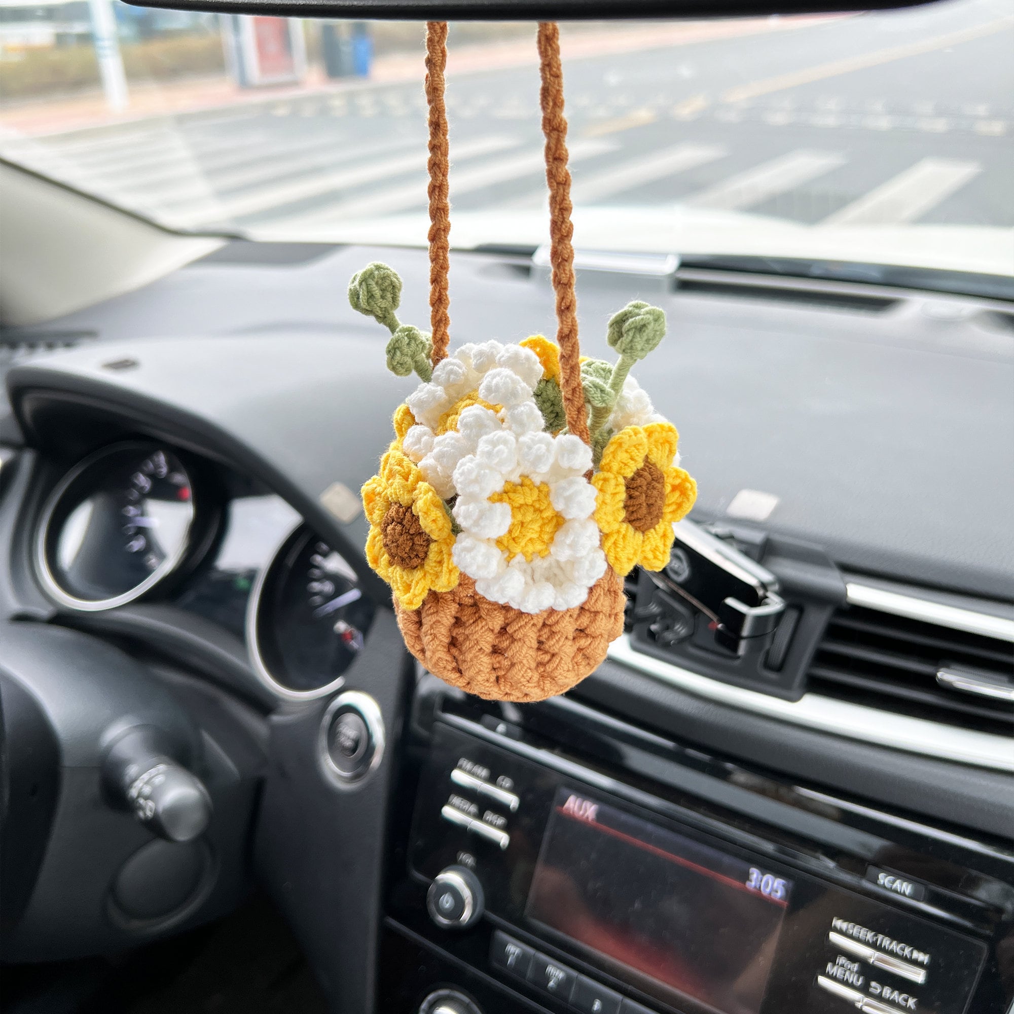 Crochet Flowers Car Hanging, Hanging Plant, Cute Flower Car