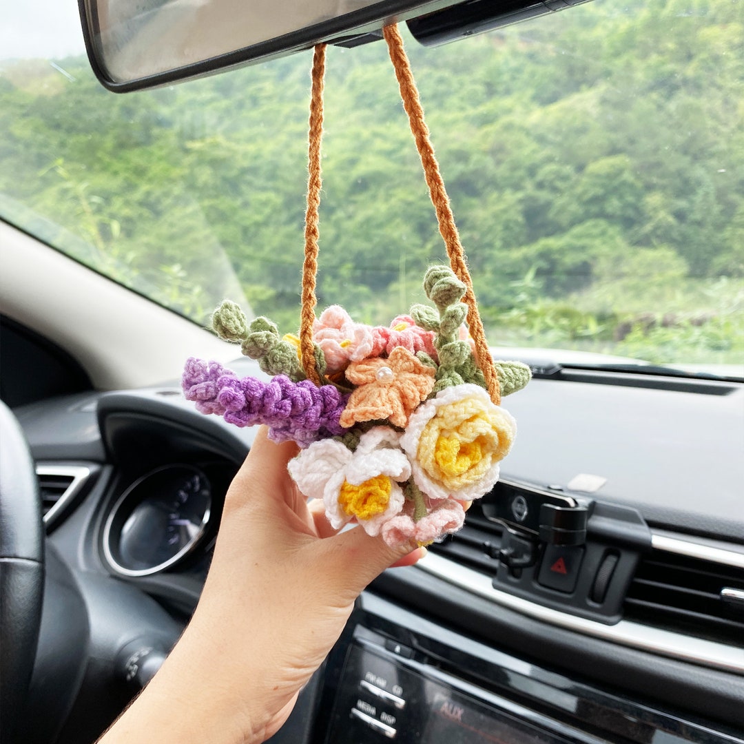 Crochet Flowers Car Hanging Hanging Plant Cute Flower Car Accessories Decor Teens Interior Rear View Mirror Hanging Charm Etsy