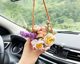 Crochet flowers car hanging, Hanging plant, Cute Flower Car Accessories decor Teens Interior Rear View Mirror Hanging Charm