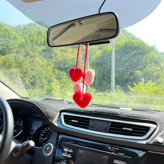 Heart Car Rear View Mirror Accessory, Crochet Red Heart Car