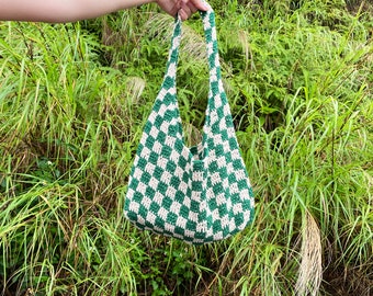 Green Checkered Crochet Bag, Shoulder Bag, Checkered Crochet Bag, Hot Girl College Bag, Gift idea for Woman, Summer Purse