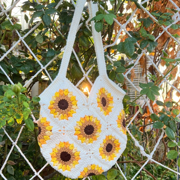 Bolso de girasol de ganchillo, bolso de girasol, bolso cuadrado de la abuela, bolso de ganchillo, bolso de girasol, bolso hecho a mano, bolso bohemio, bolso de girasol, bolso hecho a mano