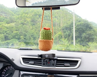 Car plant, Crochet Hanging Cactus, hanging plant for car decor, Rear View Mirror Accessories for Women Charm