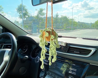 Car plant, Crochet Hanging basket, hanging plant for car decor, Rear View Mirror Accessories for Women Charm