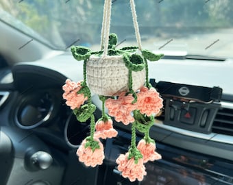 Lily of The Valley Car Hanging Crochet, Crochet Succulent Plants Hanger, Car Accessories For Women, Car Mirror Decor, Car Mirror Ornament