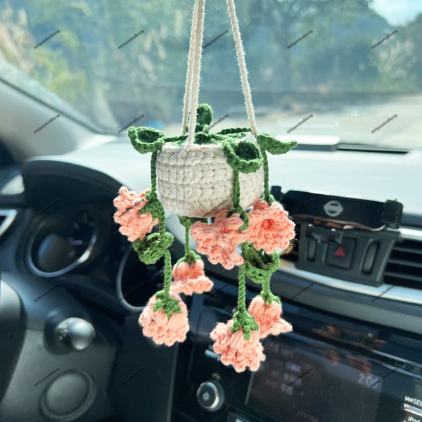 Ganchillo colgante de coche de lirio del valle, colgador de plantas suculentas de ganchillo, accesorios de coche para mujeres, decoración de espejo de coche, adorno de espejo de coche