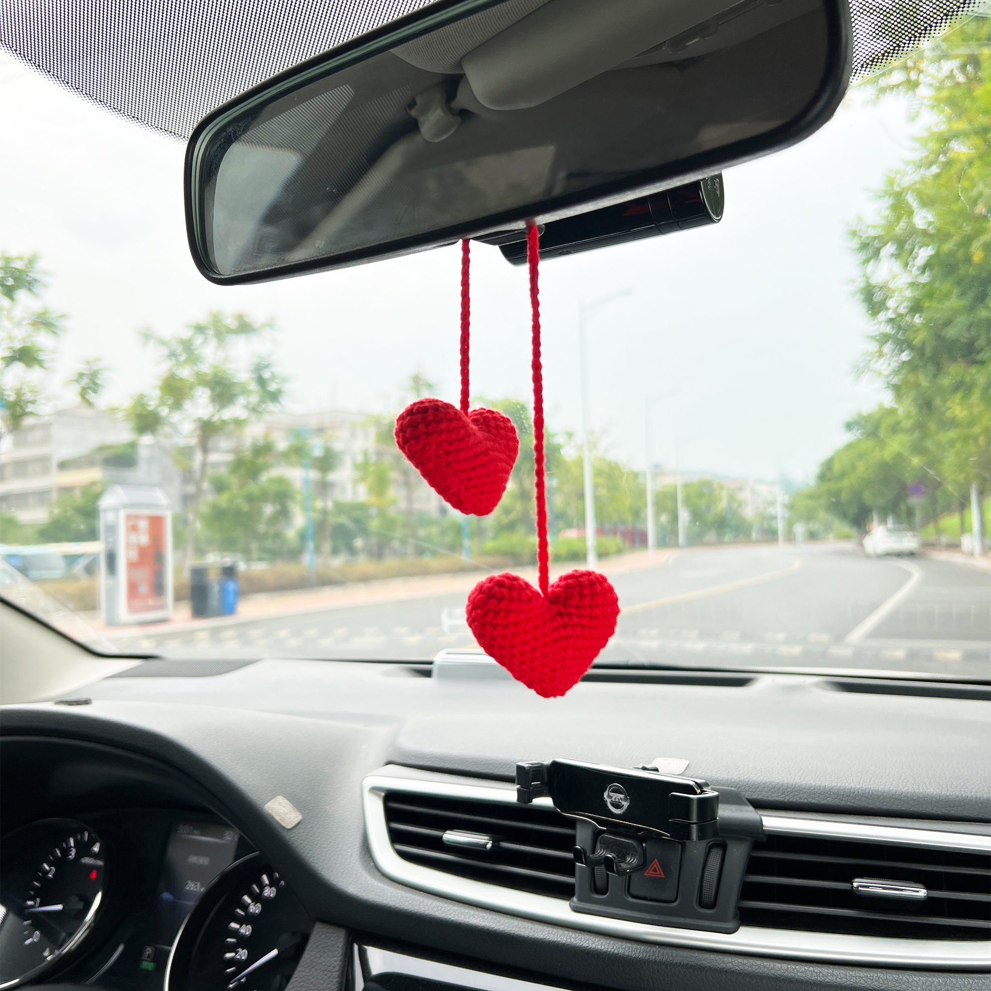 Buy Heart Car Rear View Mirror Accessory, Crochet Red Heart Car