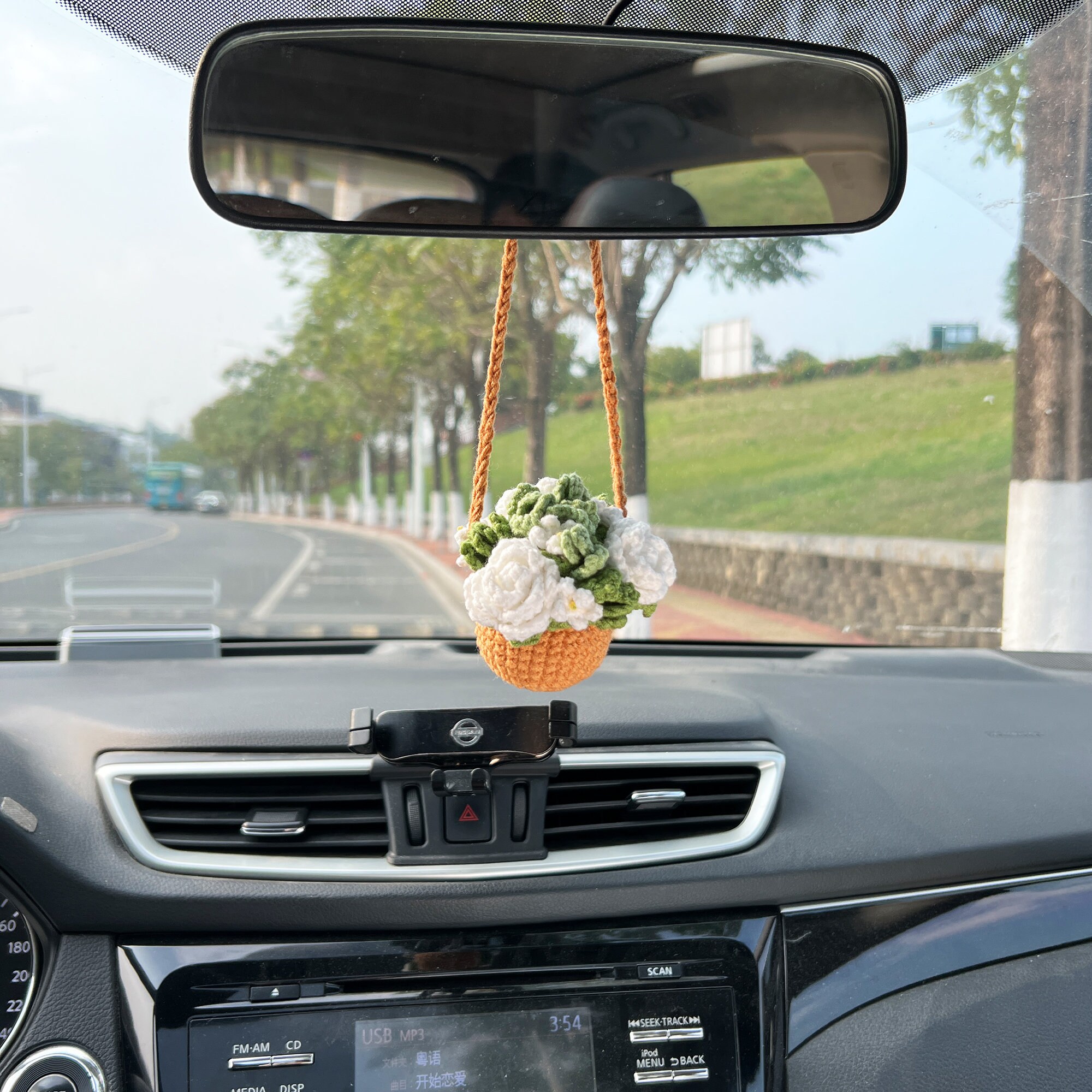 Car Rearview Mirror Accessories Crochet Hand Woven Crochet Flower Basket  Auto Accessories Rear View Mirror Charm Car Decor Boho - AliExpress