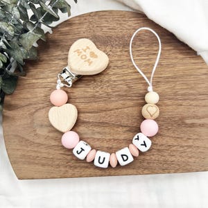 Cadena para chupete con nombre, regalo personalizado para bebé, clip para chupete de silicona, clip para chupete de haya, regalo para baby shower, clip para chupete con nombre grabado