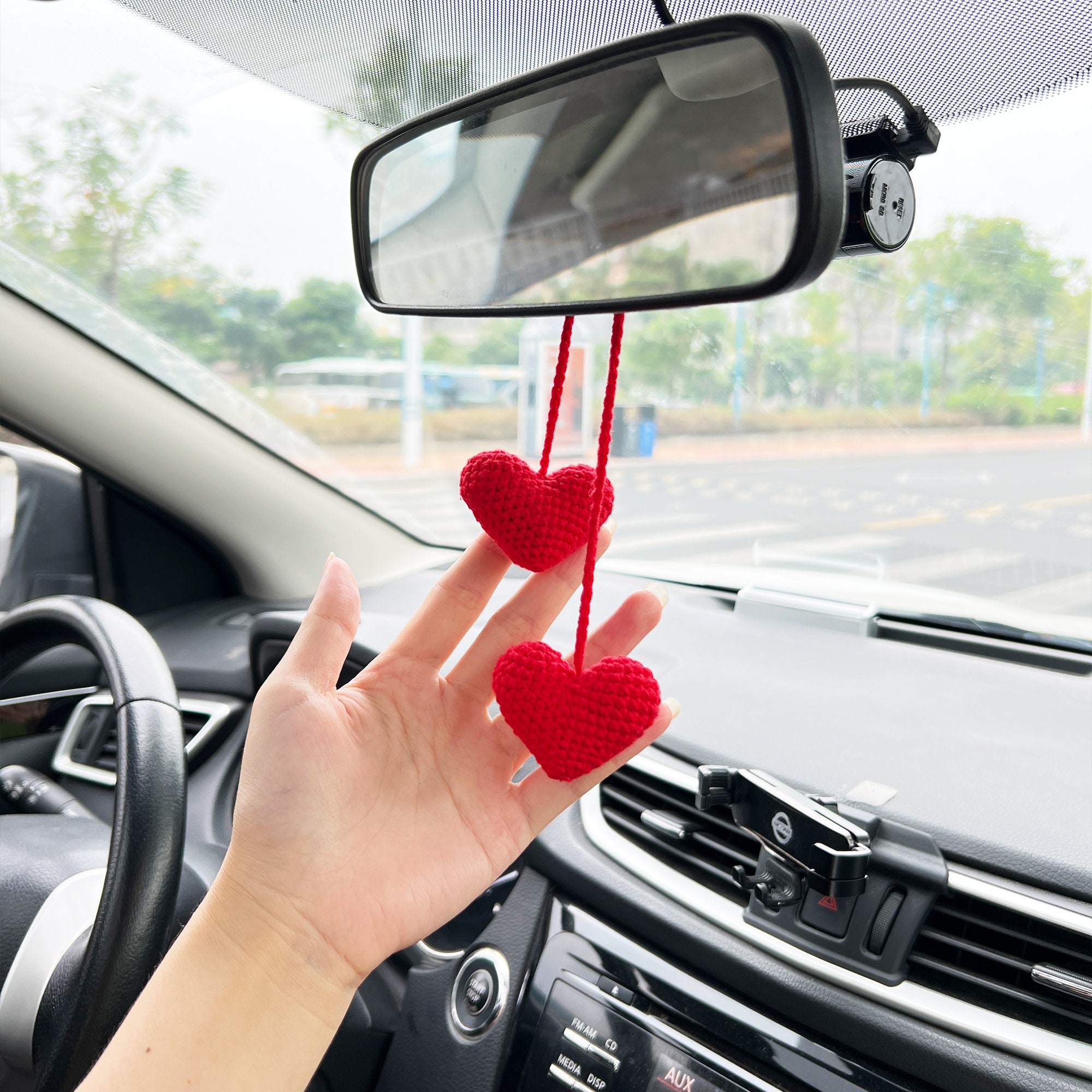 Car Mirror Hanging Accessories Women Cute Car Decorations Accessories  Interior Aesthetic Pendant, Hand Knitting Pink Heart Shape Swinging Car  Rear