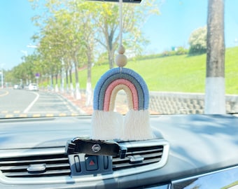 Small Rainbow Car Hanging, Car Mirror Hanger, Car Charm, Macrame Car Hanging, Rainbow Rear View Mirror Accessories for Women