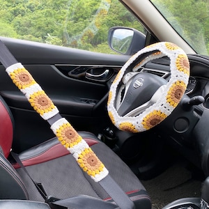Crochet Sunflower Steering Wheel Cover and Seat Belt Cover, Car Accessories