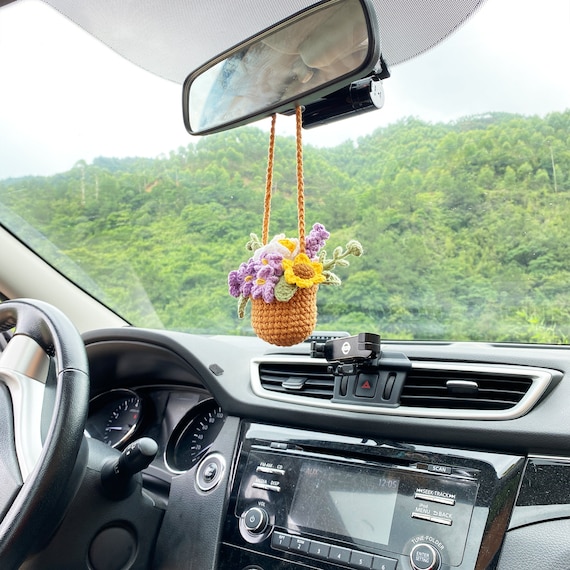 Cute Potted Plants Crochet Car Mirror Hanging Accessories for Car Rear View  Mirror Decor,Hanging Basket for Car Decor,Car Mirror Hanging Charms