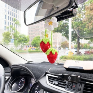 Super Cute strawberry fruit car decor, Crochet Red/Pink Strawberry car Hanging Crochet, Car Decor Teens Interior Rear View Mirror for Women