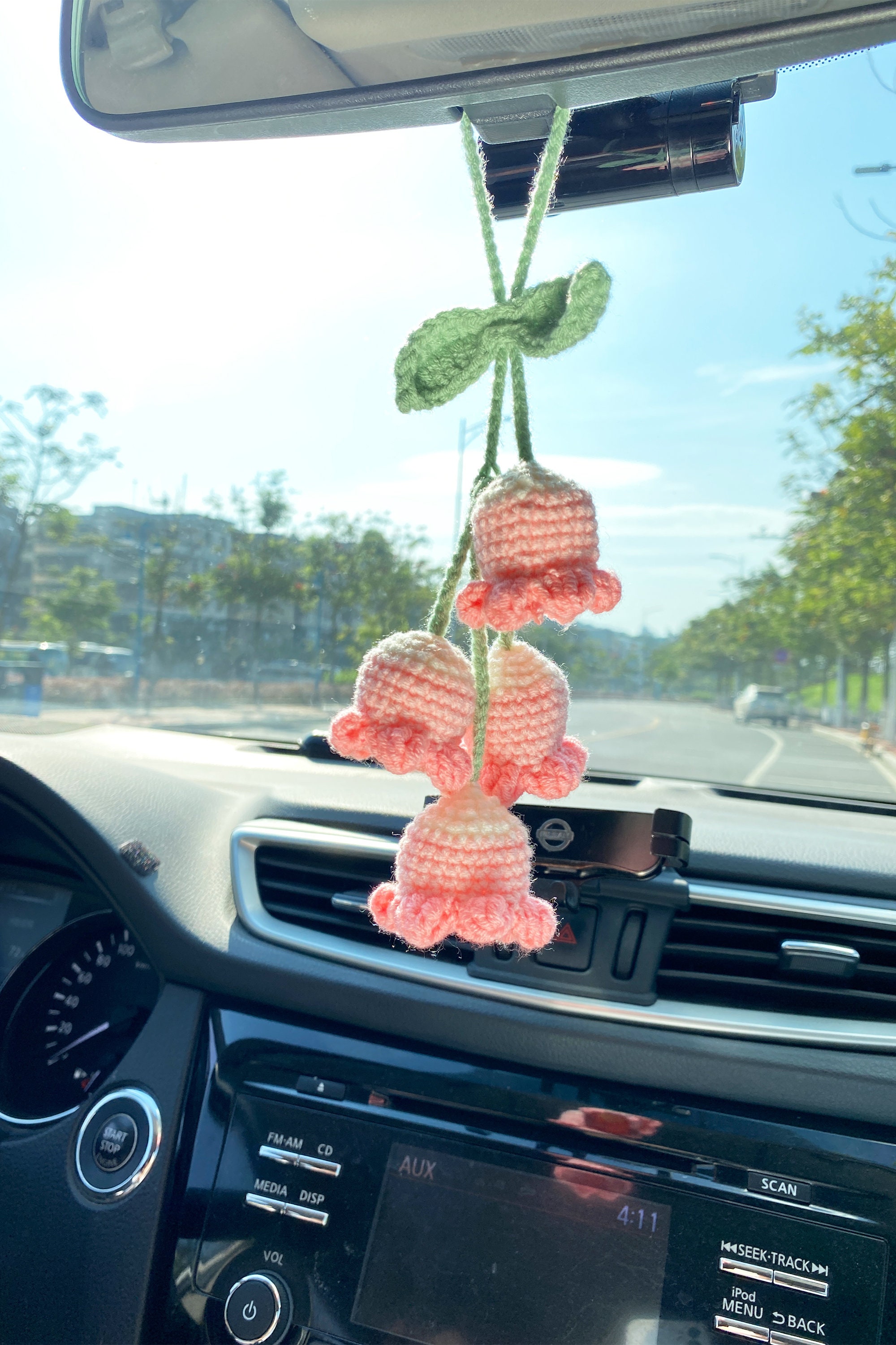 ifundom Lily of The Valley Pendant Car Rearview Charms Cute Car Accessories  Knitting Hanging Ornament Crochet Knitting Flower Car Gadgets Flowers