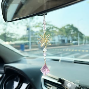 Sun Amethyst Crystal Car Charm, Rear View Mirror Pendant