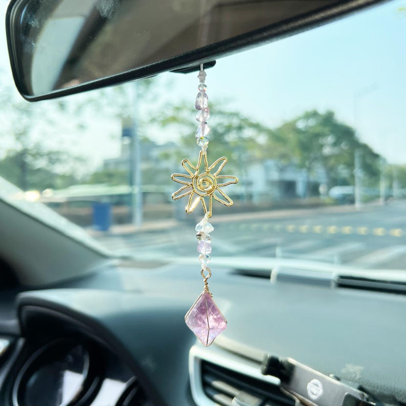 Sun Amethyst Crystal Car Charm, Rear View Mirror Pendant - Etsy