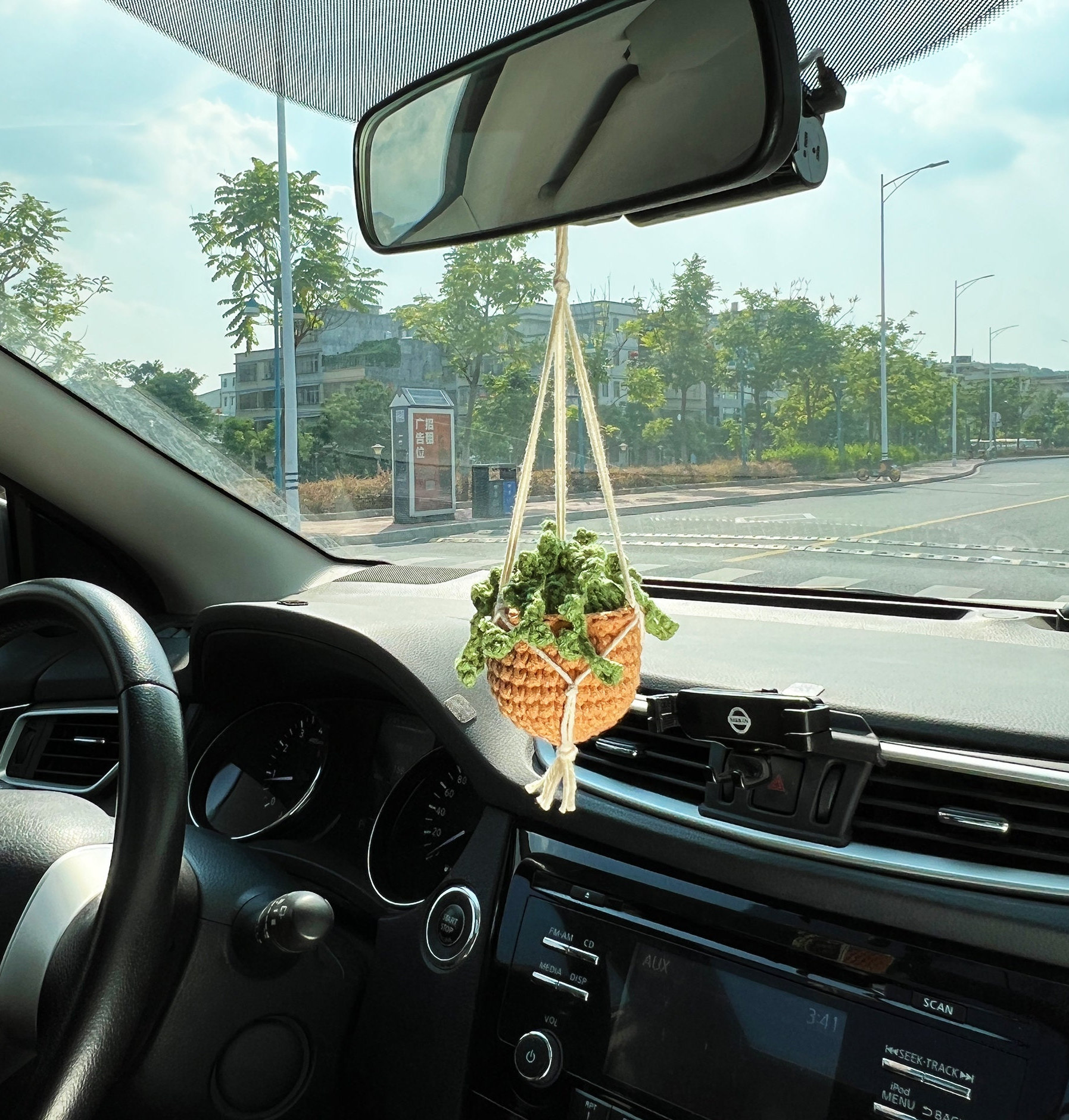 Decorative Figurines Plant Crochet Hanging Basket Rearview Mirror