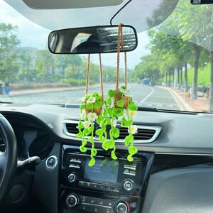 車用植物、車用ハンギングバスケット、かぎ針編みのシダ植物、かぎ針編みの花、車用ハンギング、かぎ針編みのハンギング植物、バックミラーアクセサリー