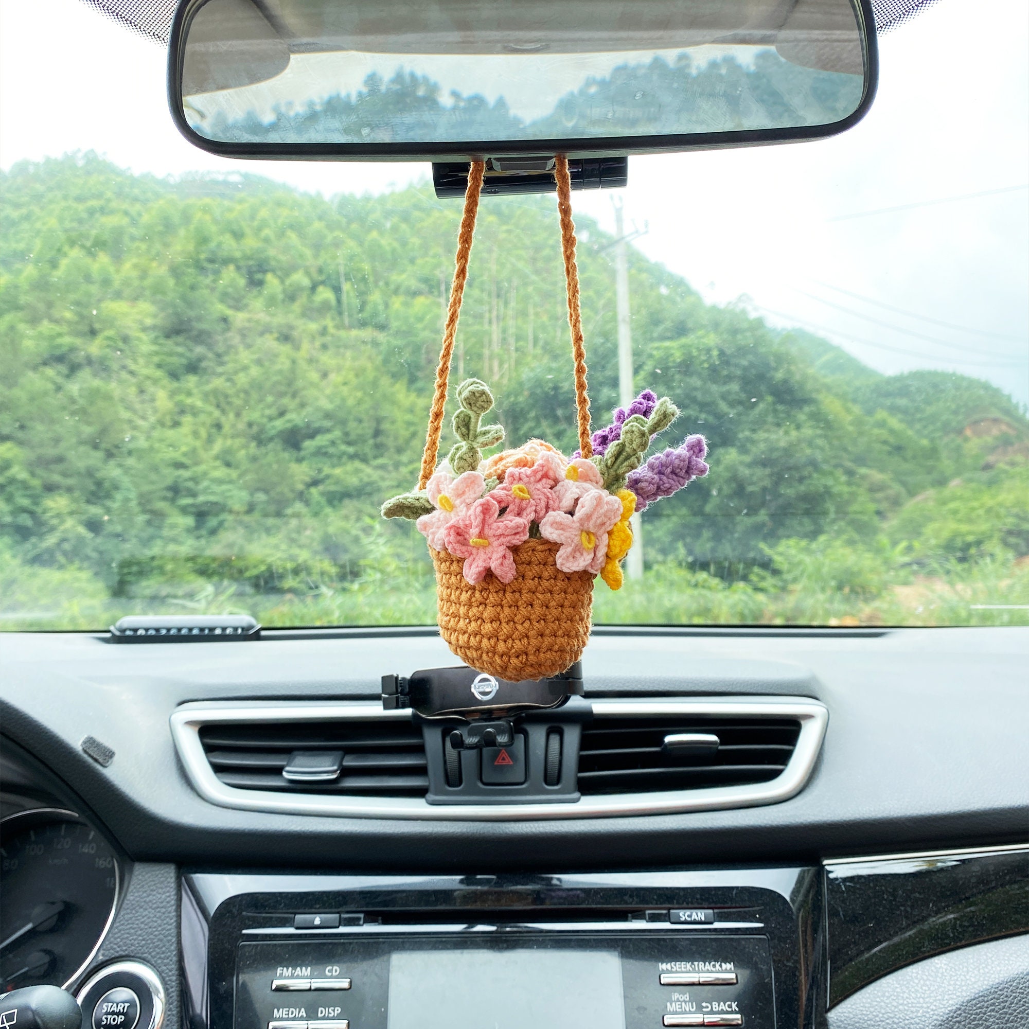 Lovely Potted Plants Crochet Design Hanging,Car Hanging Crochet Rear View  Mirror Hanging Accessories Decor Hanging Basket Car Ornament