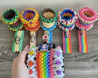 Mario Kart Inspired Huge CUSTOM 3D Rotating Kandi Cuff Bracelets with Character Figurines - Rainbow Road - Super Mario Bros. Kandi