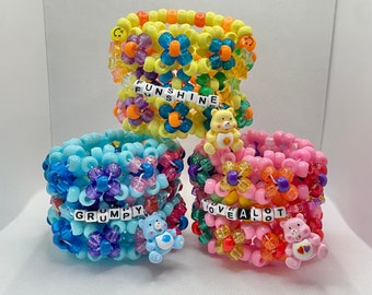 Care Bear 3D Rotating Kandi Cuff Charm Bracelets - Handmade, Unique Jewelry - Rainbow Rave Accessories - Kandi Spinner Bracelet