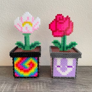 May include: Two small flower pots with colorful bead designs. The left pot has a rainbow swirl design and the right pot has a purple and white smiley face design. The flowers are made of beads and are pink and white.