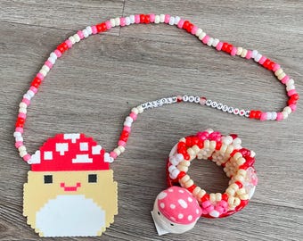 Squishmallow Matching Kandi Set - Epic Perler Necklace, 3D Kandi Cuff & 2" Squishville Bracelet - Cute Squish Kandi Cuff - Wear it 2 Ways!