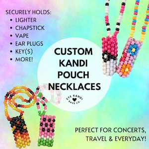 May include: Three colorful beaded necklaces with small pouches attached. The pouches are made of beads and have different patterns. The necklaces are labeled "Custom Kandi Pouch Necklaces".