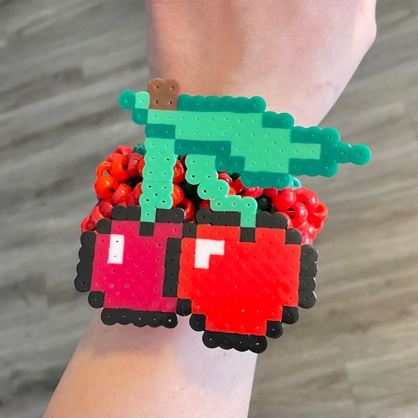 Cherry 3D Kandi Cuff Bracelet - Huge Red / Green Kandi with Cherries Fruit Perler - Cute Handmade Rave & Festival Jewelry, Accessories