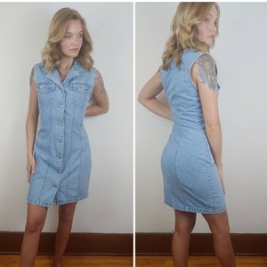 90s Fitted Denim Dress | Vintage Denim Mini Dress | Denim Cotton Sundress | Denim Jumper Dress | Button Up Dress | Y2k Denim Dress |
