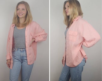 Botón de lino rosa pastel down top / camisa de lino rosa de gran tamaño / blusa minimalista / top minimalista / camisa rosa / ropa de lino / cover up