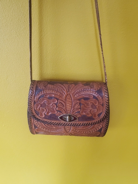 1950s Tooled Leather Purse | Vintage Leather Tote 
