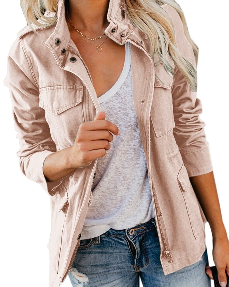 Womens Utility Jacket Zip Up Snap Button Hooded Lightweight Cargo Pocket Anorak Coat Outwear Windbreaker 