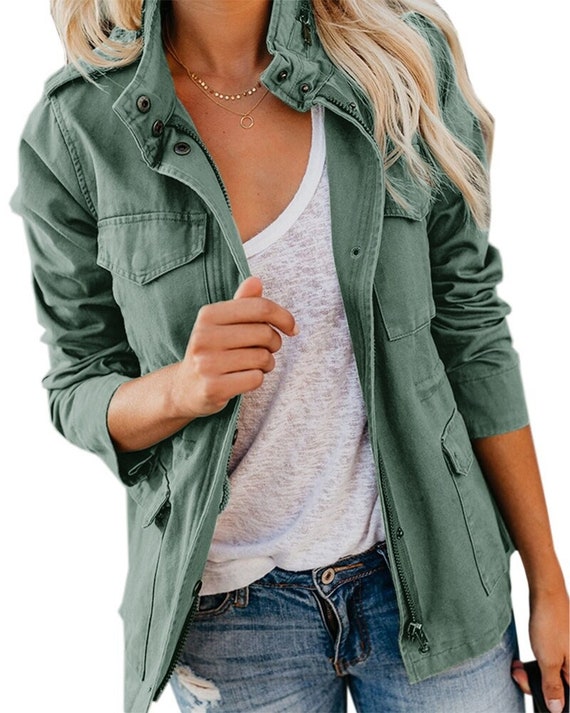 Womens Military Jacket Zip up Snap 