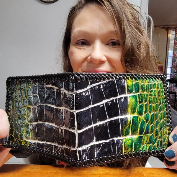 Real Black, white and green Alligator skin Wallet handcrafted hand laced fine leather interior billfold brown gator skin