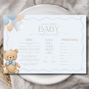 Blue Baby Shower Menu Placemat | Disposable Placemats | Baby Shower Games | Teddy Bear Baby Shower Decor | Printable Baby Shower Activity