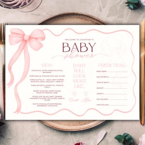 Editable Baby Shower Menu Placemat | Disposable Bow Design Placemats with Games | Printable Baby Shower Activity Mat | Digital Download
