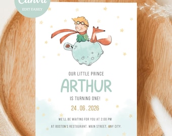 Editable The Little Prince Invitation, First Birthday Invite, Prince Birthday Party, Boy Invitation Edit with Canva
